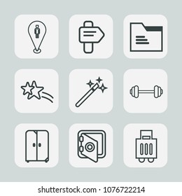 Premium set of outline icons. Such as magic, workout, map, pin, way, shiny, blank, file, open, luggage, star, web, bank, home, safety, travel, road, security, baggage, bag, magician, paper, exercise