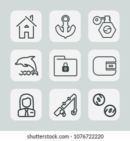 Premium set of outline icons. Such as nautical, sea, architecture, estate, vessel, safety, modern, employee, fish, file, dolphin, reel, wallet, anchor, house, building, money, lock, animal, home, job