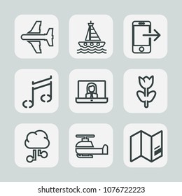 Premium set of outline icons. Such as ocean, video, fly, plane, network, world, sea, graphic, banking, vessel, internet, map, sound, travel, smart, air, communication, yacht, blue, boat, nature, call