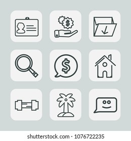 Premium set of outline icons. Such as leaf, cash, exercise, currency, search, chat, financial, building, dollar, rubbish, price, waste, garbage, sport, smile, gym, circle, personal, palm, hand, box