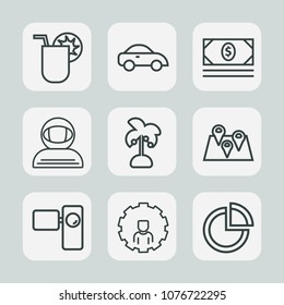 Premium set of outline icons. Such as taxi, online, travel, coin, pie, science, cash, tripod, cold, map, bank, traffic, cocktail, party, graph, juice, internet, presentation, cosmonaut, nature, glass