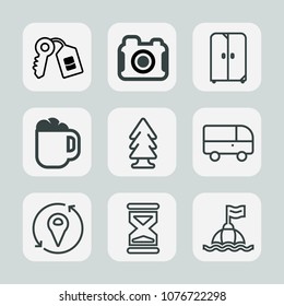 Premium set of outline icons. Such as buoy, cup, hour, transportation, environment, security, road, sand, life, equipment, photographer, photo, cabinet, lens, coffee, sign, safety, time, cafe, drink