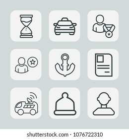 Premium set of outline icons. Such as business, id, subscribe, personal, boat, flow, hour, countdown, transportation, technology, profile, nautical, male, card, online, vehicle, watch, transport, cap