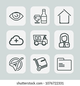 Premium set of outline icons. Such as tipper, wine, ear, job, estate, add, vehicle, mouth, alcohol, red, dumper, eye, string, person, office, travel, people, luggage, cloud, human, nose, building, bag