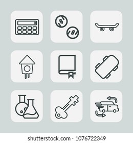 Premium set of outline icons. Such as study, street, key, skateboard, home, door, skateboarder, book, sport, money, old, finance, cash, tool, skate, bird, coin, birdhouse, equipment, laboratory, car