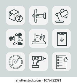 Premium set of outline icons. Such as sew, aircraft, modern, transportation, craft, document, table, machine, air, box, military, hand, transport, service, house, shipping, travel, home, fashion, work