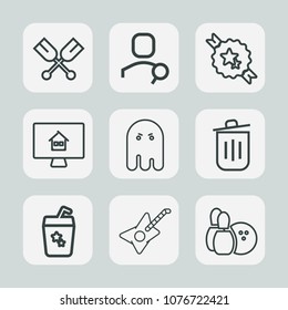 Premium set of outline icons. Such as ribbon, game, recycling, ball, house, paddle, trash, white, sport, ghost, account, garbage, juice, sea, technology, music, bin, property, estate, halloween, real
