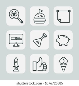Premium set of outline icons. Such as search, note, craft, string, investment, meat, technology, meal, paper, good, ball, bank, folk, find, lettuce, sandwich, up, money, ice, web, rocket, office, sign