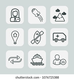 Premium set of outline icons. Such as spaceship, emergency, technology, profile, location, business, employer, pin, employee, ship, boat, people, landscape, replace, office, space, man, paddle, craft