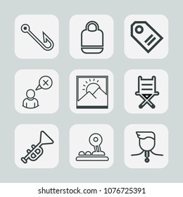 Premium set of outline icons. Such as arrow, web, style, equipment, seat, fish, furniture, chair, success, trumpet, object, cancel, sale, online, hook, white, competition, blank, water, leather, medal