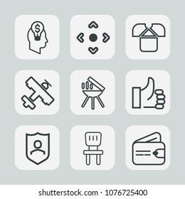 Premium set of outline icons. Such as comfortable, fashion, good, interior, shirt, wallet, technology, success, web, airplane, businessman, travel, computer, bbq, shield, grill, protection, meat, up