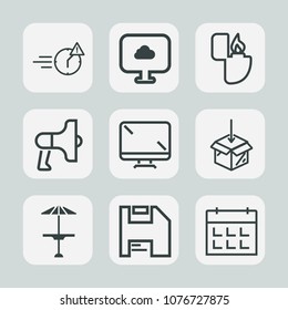 Premium set of outline icons. Such as display, calendar, screen, loud, job, monitor, man, diskette, white, smoke, cigarette, pub, cafe, flame, upload, table, digital, cloud, stress, package, day, bar