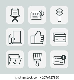 Premium set of outline icons. Such as cash, plastic, internet, trash, cooler, banking, credit, armchair, decor, fan, furniture, purchase, finance, web, paintbrush, brush, air, search, office, box, gas