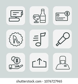 Premium set of outline icons. Such as karaoke, safe, record, bottle, investment, elegance, circle, hotel, musical, service, glass, hospitality, audio, private, tune, web, upload, balance, frame, drink