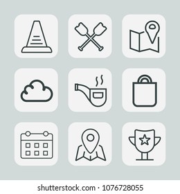 Premium set of outline icons. Such as travel, cloud, water, step, classic, calendar, time, paddle, oar, retro, pin, canoe, celebration, white, stair, staircase, rowing, present, pipe, win, climb, bag