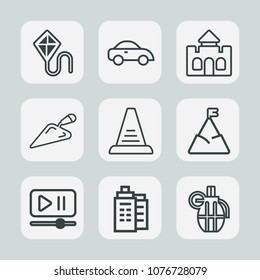 Premium set of outline icons. Such as business, nature, summer, video, happy, concept, button, castle, house, construction, kid, joy, player, shovel, cab, leisure, travel, war, building, taxi, sky, up