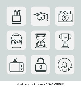 Premium set of outline icons. Such as finance, colorful, television, profile, security, victory, clean, sand, timer, lock, screen, competition, university, container, bucket, cash, education, money