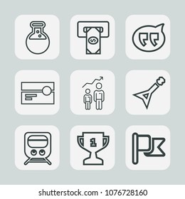 Premium set of outline icons. Such as science, technology, cassette, musical, laboratory, travel, machine, equipment, business, award, white, railway, success, bubble, medical, winner, atm, audio, lab