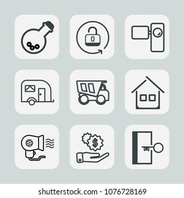 Premium set of outline icons. Such as protection, science, lock, lab, tipper, safety, movie, building, architecture, retro, escape, van, tripod, tool, dumper, laboratory, white, fan, electric, truck