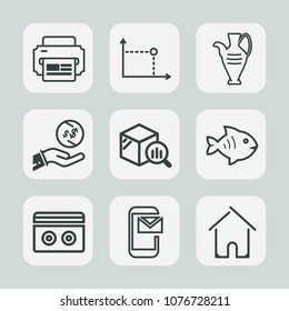 Premium set of outline icons. Such as circle, stereo, cash, estate, food, decoration, dollar, geometry, sound, statistic, jug, home, money, paper, fish, trend, building, printer, investment, audio