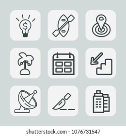 Premium set of outline icons. Such as down, idea, paddle, upstairs, real, technology, satellite, building, antenna, summer, water, creativity, success, downstairs, canoe, businessman, cycle, surgery