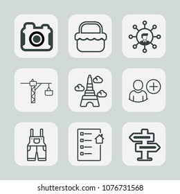 Premium set of outline icons. Such as room, doorknob, work, paris, basket, document, dont, meal, user, eiffel, equipment, hammer, uniform, tower, communication, white, hanger, grass, park, photo, food