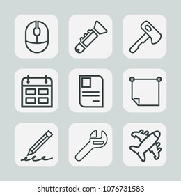 Premium set of outline icons. Such as trumpet, identity, pen, timetable, flight, tool, pencil, mouse, plane, music, bugle, time, note, schedule, personal, click, equipment, paper, office, internet, id