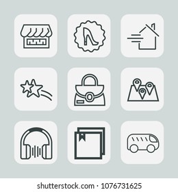 Premium set of outline icons. Such as boots, direction, highway, audio, road, house, mortgage, white, star, music, sound, holiday, frame, store, pin, location, home, travel, beautiful, elegance, style
