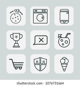 Premium set of outline icons. Such as rocket, space, closed, washer, shop, travel, object, winner, cell, cup, shuttle, competition, technology, juice, trolley, cocktail, food, championship, cream, ice