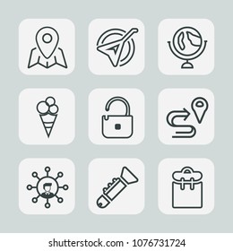 Premium set of outline icons. Such as screen, location, sign, pretty, professional, road, planet, protection, phone, dessert, sphere, earth, globe, folk, technology, geography, string, bugle, wooden