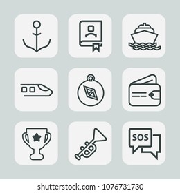 Premium Set Of Outline Icons. Such As Rudder, First, Railway, East, Ocean, Marine, Transportation, Book, Sea, Office, Bugle, South, Train, Danger, Transport, Money, Award, Jazz, Finance, Place, Travel