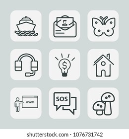 Premium set of outline icons. Such as web, vessel, butterfly, sign, safety, cruise, internet, idea, concept, edible, boat, envelope, insect, blue, architecture, post, headset, estate, home, nature, go