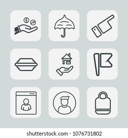 Premium set of outline icons. Such as cash, bag, umbrella, food, weather, protection, america, object, profile, white, sandwich, season, internet, style, property, business, fashion, man, rent, burger