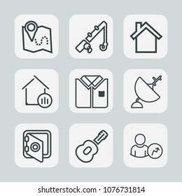 Premium set of outline icons. Such as fishing, real, telephone, white, banking, pin, shirt, music, fish, fashion, safety, home, map, phone, account, web, estate, reel, location, house, tshirt, tackle