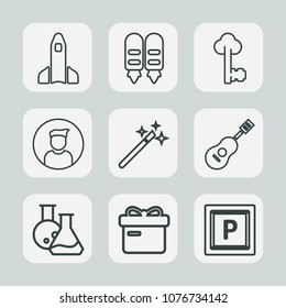 Premium set of outline icons. Such as profile, vintage, business, equipment, security, laboratory, spaceship, technology, car, door, orbit, space, , musical, vehicle, wand, rocket, magician, lock, box
