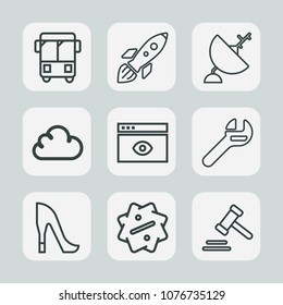 Premium Set Of Outline Icons. Such As Bus, Road, Shoe, Transportation, Courthouse, Web, Female, Rocket, Dish, Justice, Computer, Traffic, Window, Style, Browser, Fashion, Satellite, Label, Repair, Law