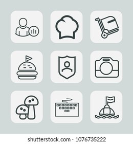Premium set of outline icons. Such as keyboard, luggage, food, network, film, airport, online, man, travel, protection, sandwich, uniform, protect, white, media, internet, chef, equipment, chief, work