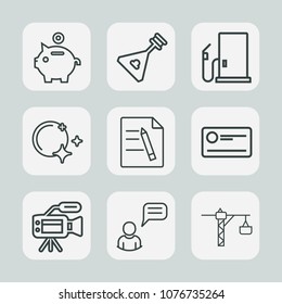 Premium set of outline icons. Such as melody, paper, gas, star, fuel, tripod, pig, sound, finance, play, economy, folk, construction, chat, moon, microphone, coin, camera, station, payment, business
