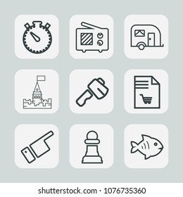 Premium set of outline icons. Such as transport, tower, time, finger, transportation, white, radio, seafood, signal, sea, vehicle, communication, market, wireless, list, traffic, castle, chessboard