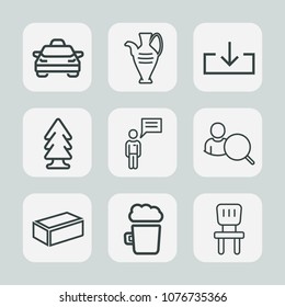 Premium set of outline icons. Such as travel, vase, drink, comfortable, room, person, beer, cab, transportation, download, landscape, chair, pottery, communication, jug, transport, alcohol, material