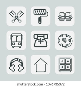 Premium set of outline icons. Such as audio, sport, water, competition, communication, money, luck, call, sea, house, game, estate, brush, architecture, music, speed, road, sound, paint, bank, roll