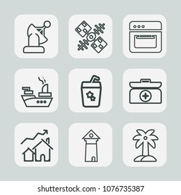 Premium set of outline icons. Such as cooker, satellite, war, europe, leaf, kitchen, solar, space, global, architecture, ship, sea, palm, marine, juice, wireless, cook, orbit, summer, real, cross, kit