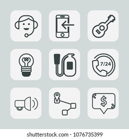 Premium set of outline icons. Such as smartphone, equipment, frame, technology, music, electricity, navigation, phone, price, call, map, point, customer, service, business, emergency, smart, square
