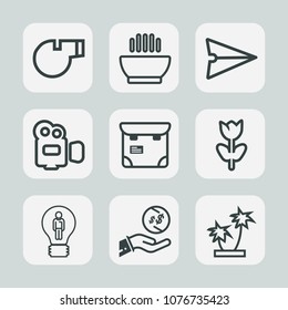 Premium set of outline icons. Such as phone, video, dish, sport, message, tropical, object, creative, money, concept, business, professional, whistle, tasty, handle, game, pretty, film, referee, soup