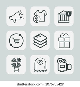 Premium set of outline icons. Such as character, beacon, monster, package, audio, retail, sound, giftbox, travel, sea, shop, seamark, video, banking, film, money, loud, cost, gift, volume, sale, cart