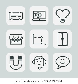 Premium set of outline icons. Such as coupon, cabinet, magnetic, center, communication, shop, pole, bubble, sign, furniture, event, phone, front, chat, internet, movie, speech, service, message, paper