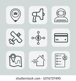 Premium set of outline icons. Such as road, rent, pin, speaker, estate, card, human, audio, astronaut, person, spacesuit, cosmos, job, business, spaceman, investment, sound, science, megaphone, money