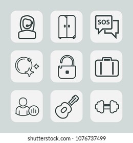 Premium set of outline icons. Such as night, status, white, emergency, people, center, workout, bag, cabinet, business, sport, gym, call, airport, headset, baggage, office, moon, star, interior, music