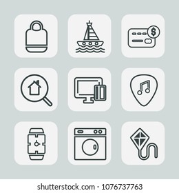 Premium set of outline icons. Such as bank, kite, water, background, online, real, equipment, leather, clock, card, washer, travel, credit, summer, blue, boat, sea, guitar, fun, vessel, accessory, bag