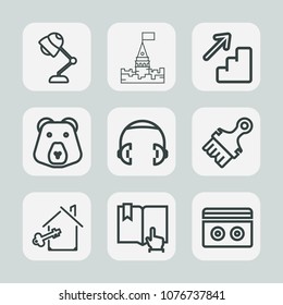 Premium set of outline icons. Such as sound, down, sign, equipment, tower, book, lamp, white, tape, fairytale, upstairs, music, home, building, wild, castle, king, light, old, estate, grizzly, click, 